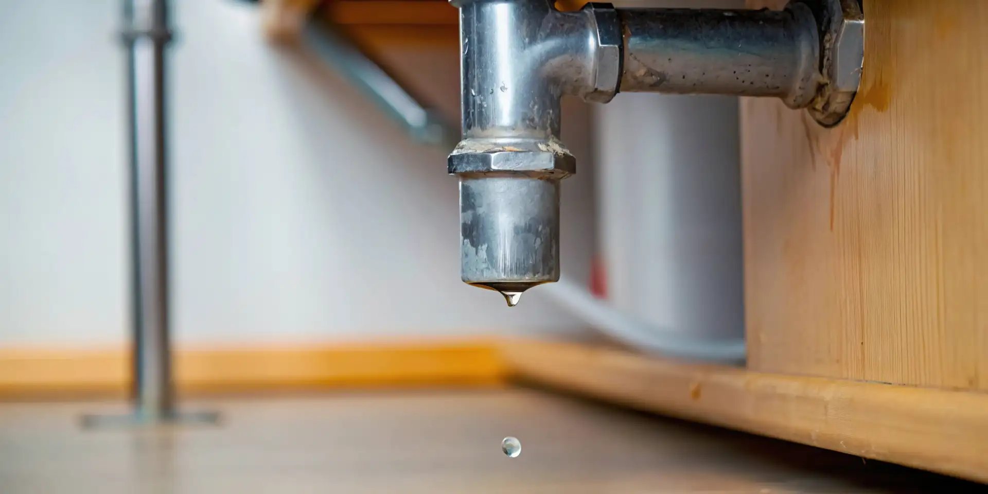 Water dripping from a pipe under a kitchen sink