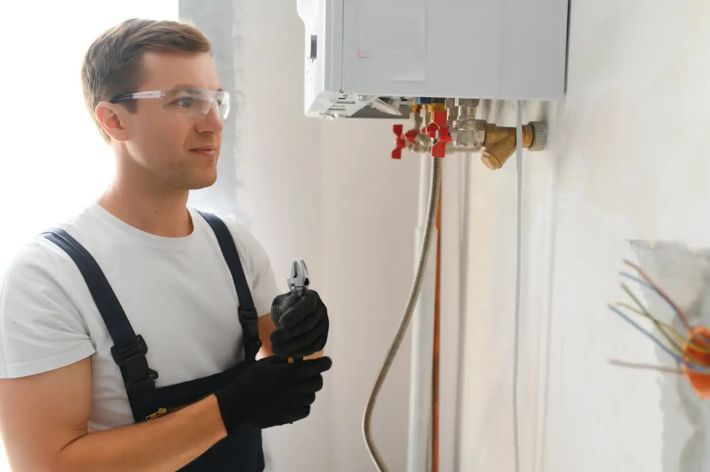 A qualified technician servicing a natural gas boiler at home