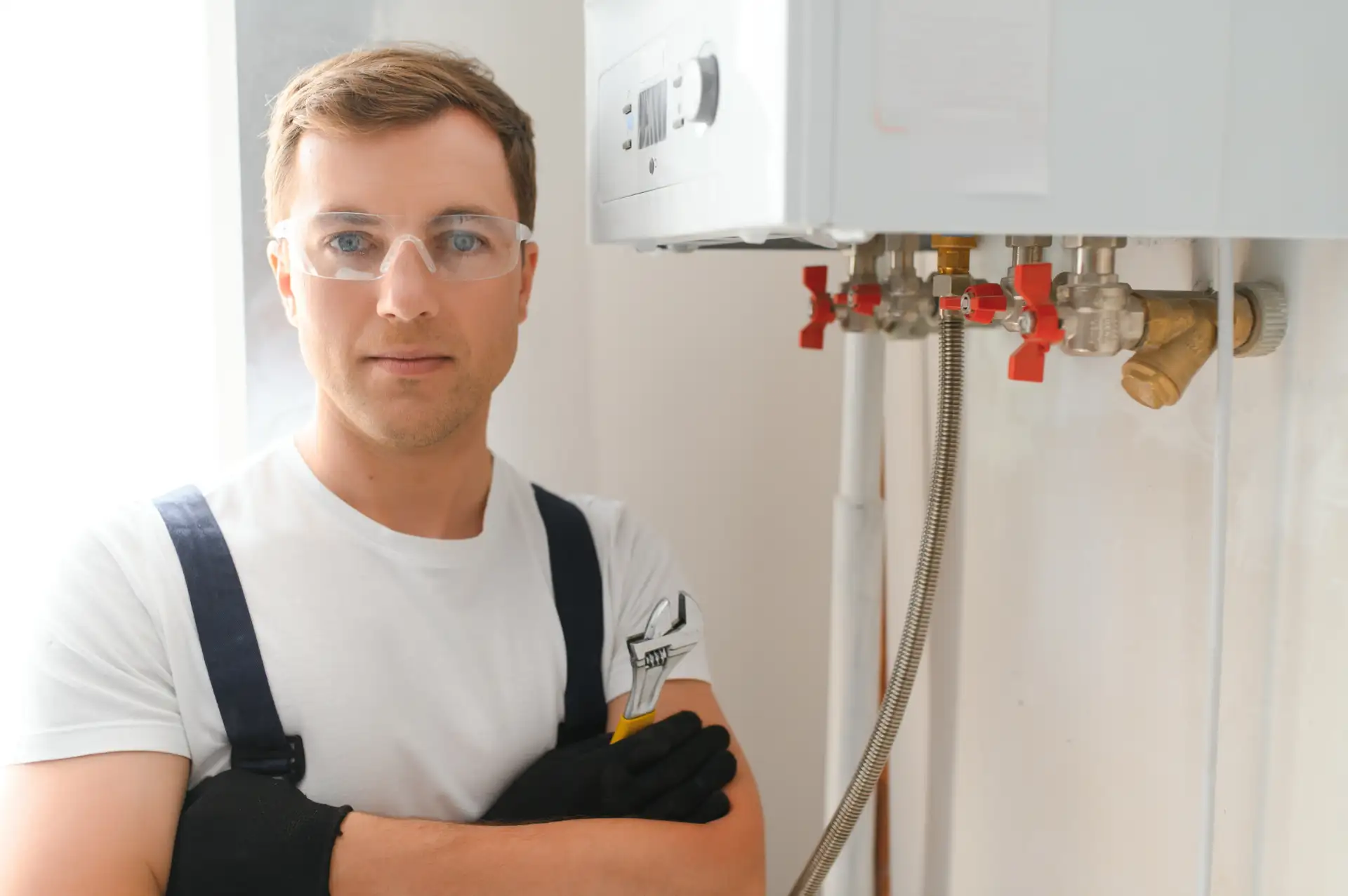 A gas engineer checking a domestic boiler with its service valves