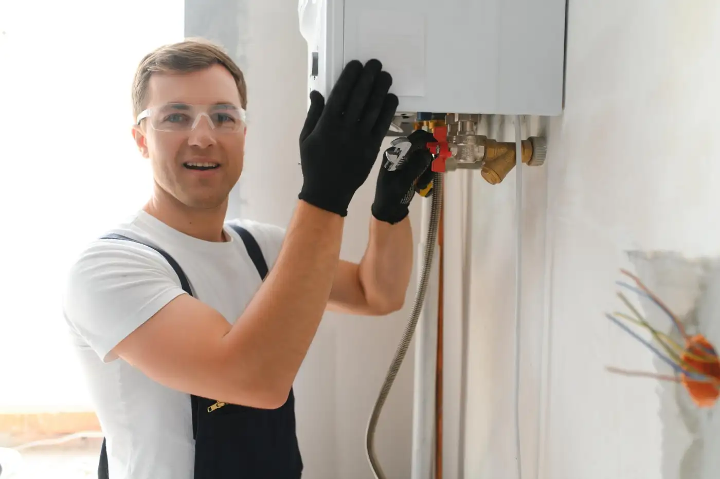 A Gas Safe registered engineer testing the flue and gas pressure on a domestic boiler