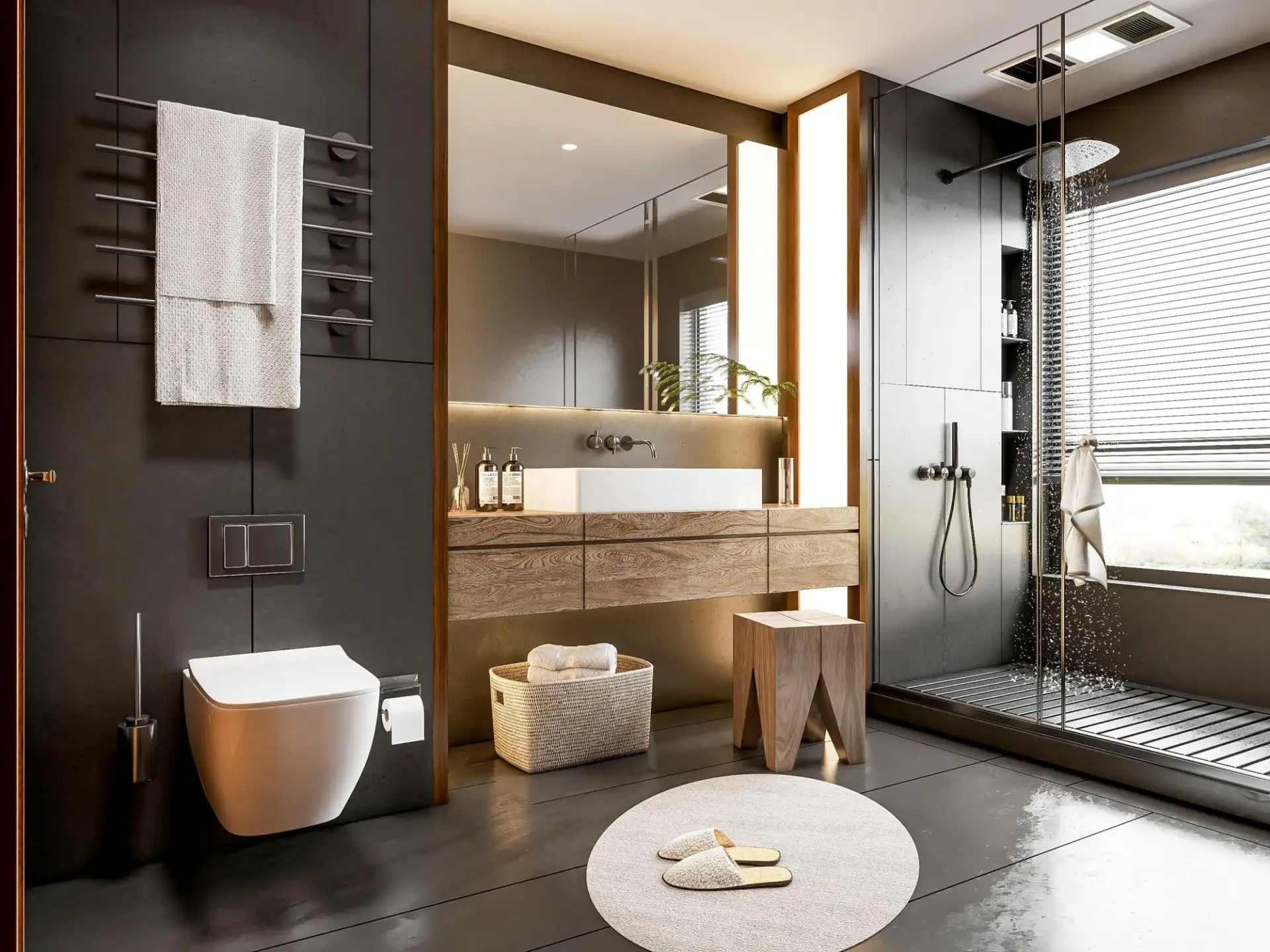 A newly fitted family bathroom with a tiled shower, basin and bath