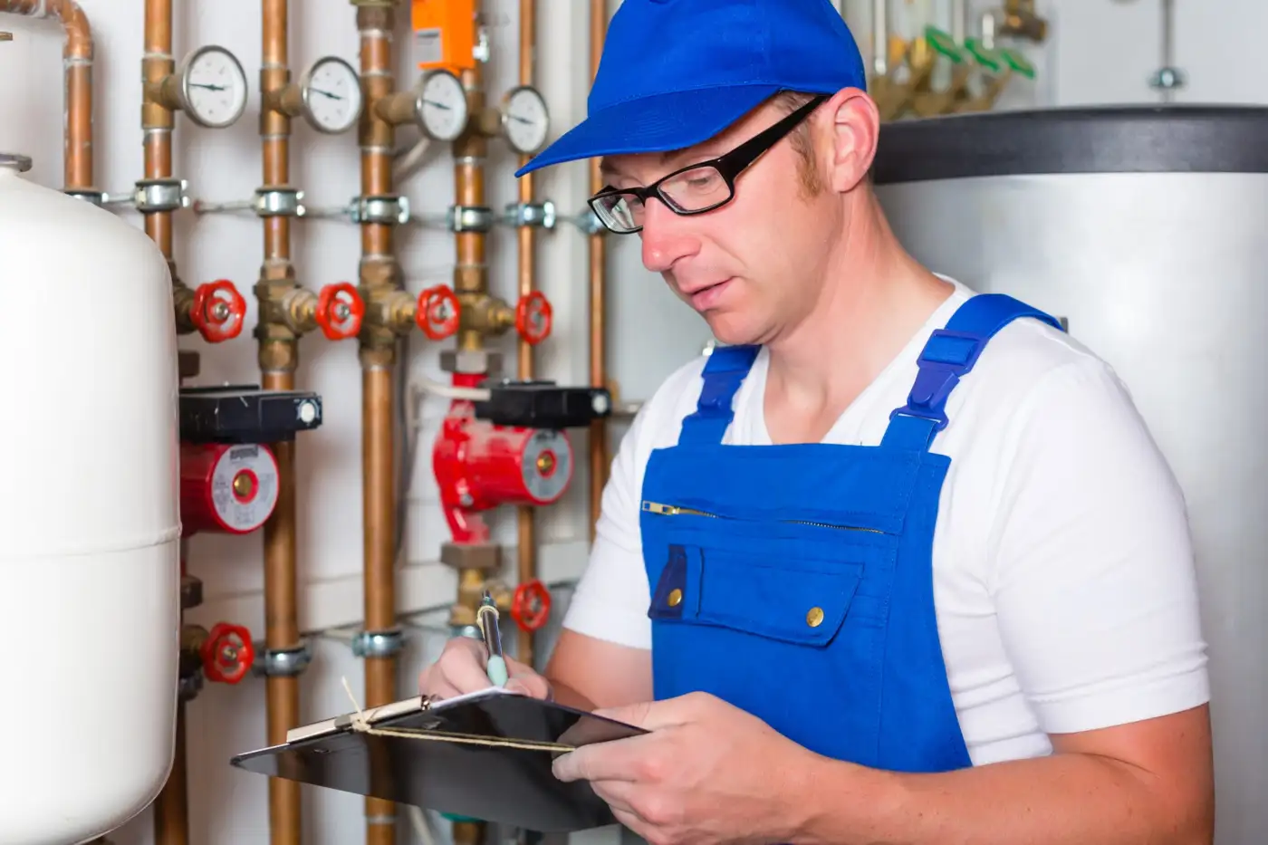 A heating engineer inspecting the flue on a domestic boiler during a service