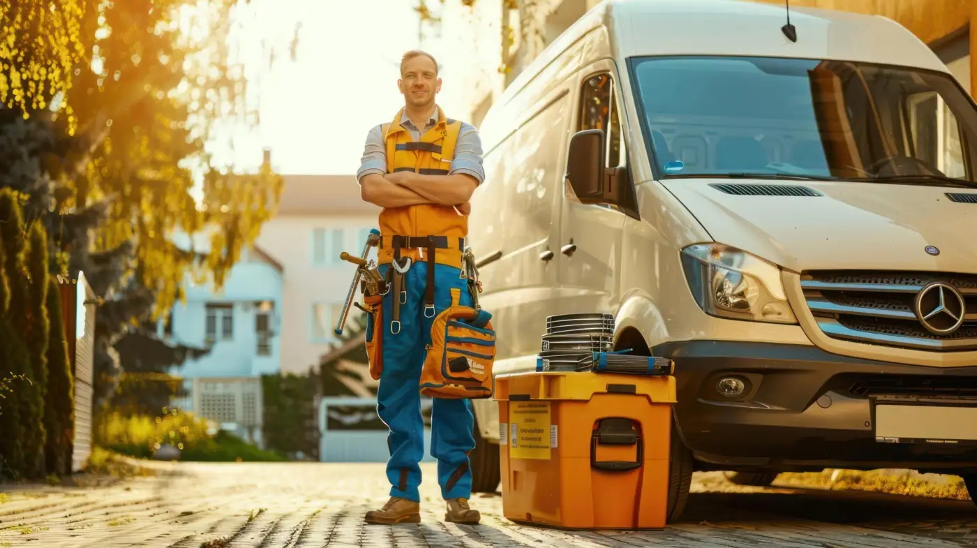 A plumber arriving at a customer's front door from a works van