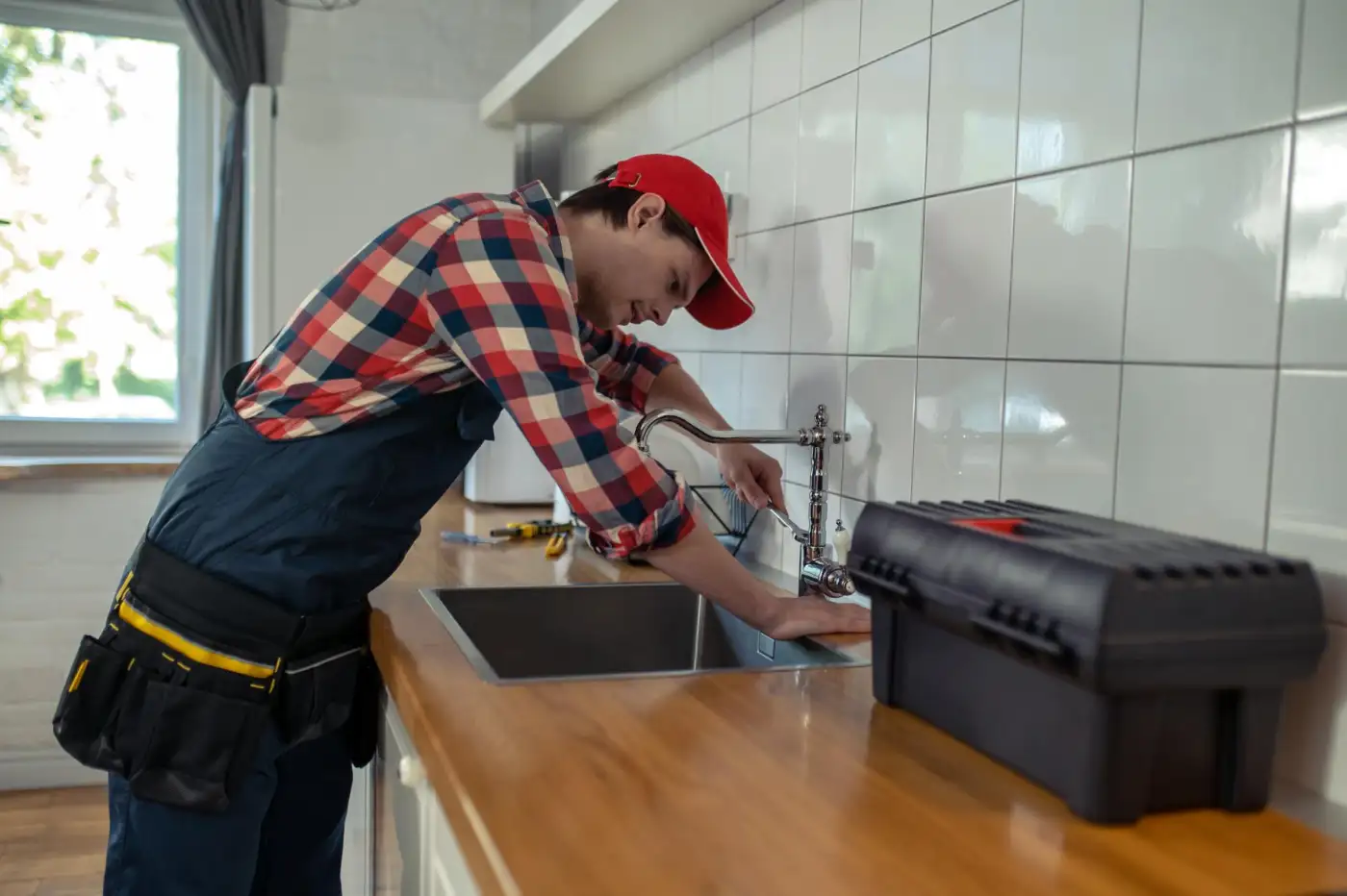 A plumber's hands lowering a new ceramic cartridge into a stripped-down mixer tap