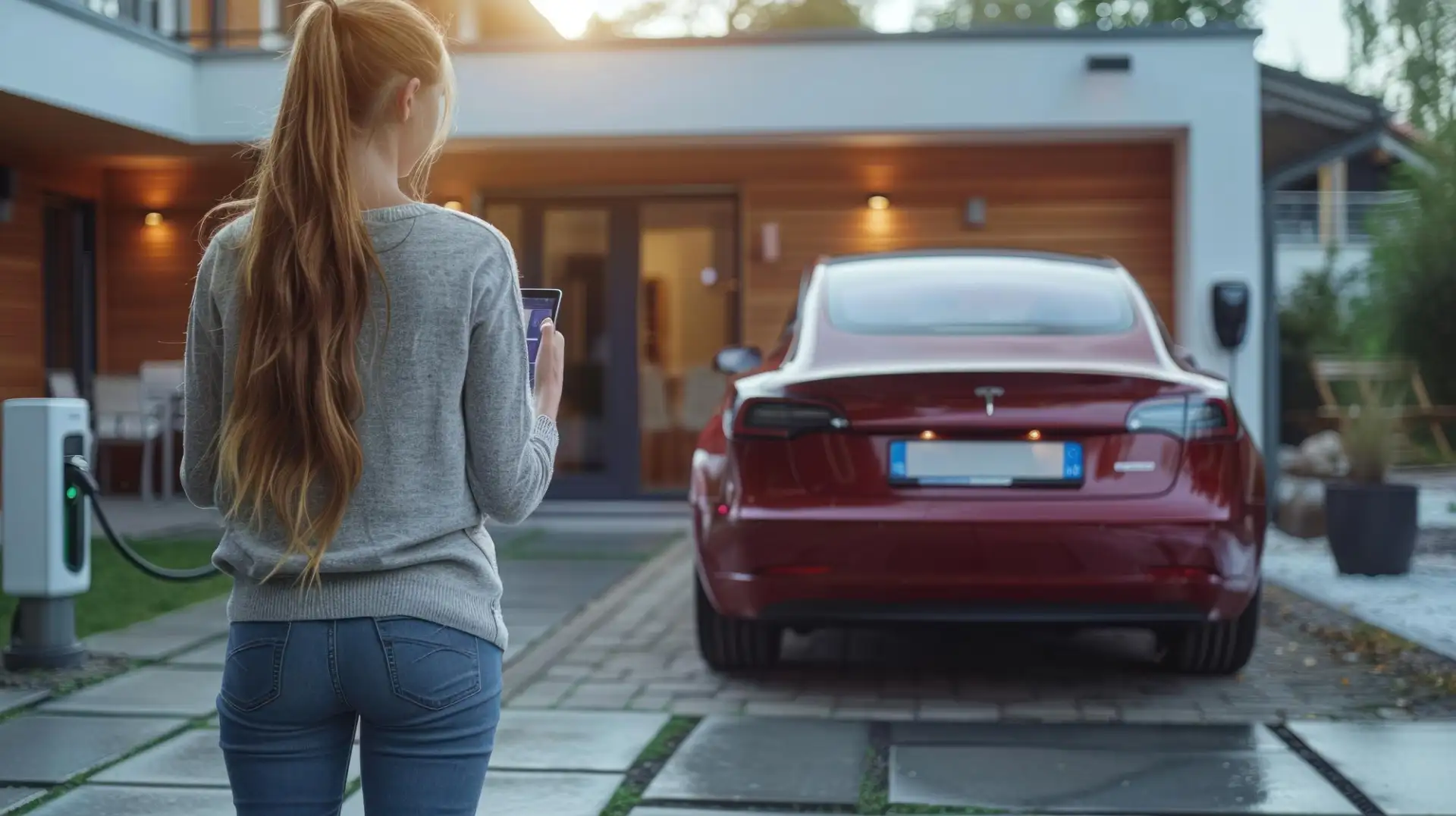 A wall-mounted home EV charger plugged into an electric car on a driveway