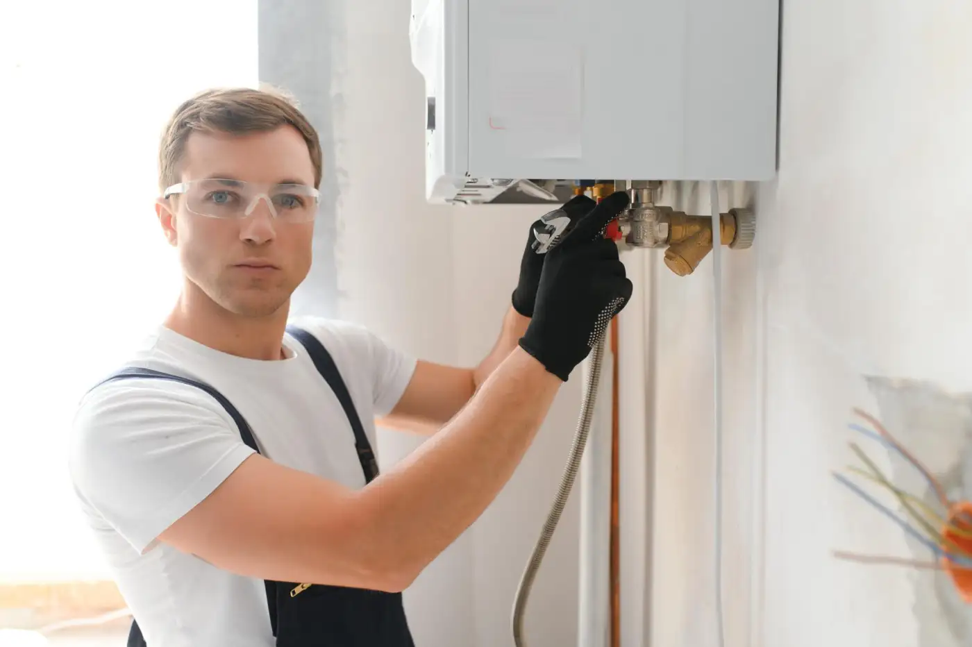 A newly installed wall-mounted gas combi boiler being commissioned by a heating engineer