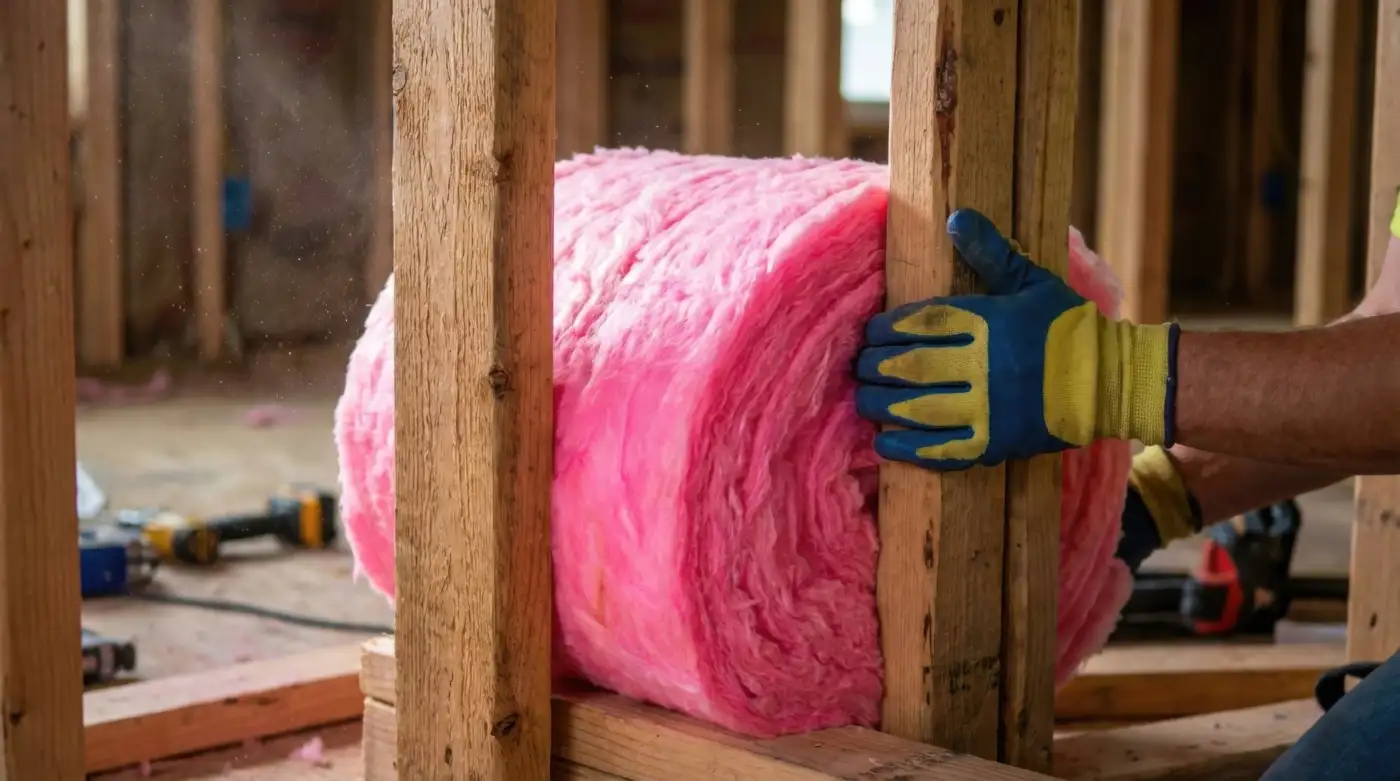 A gloved hand fitting a roll of insulation between timber framing