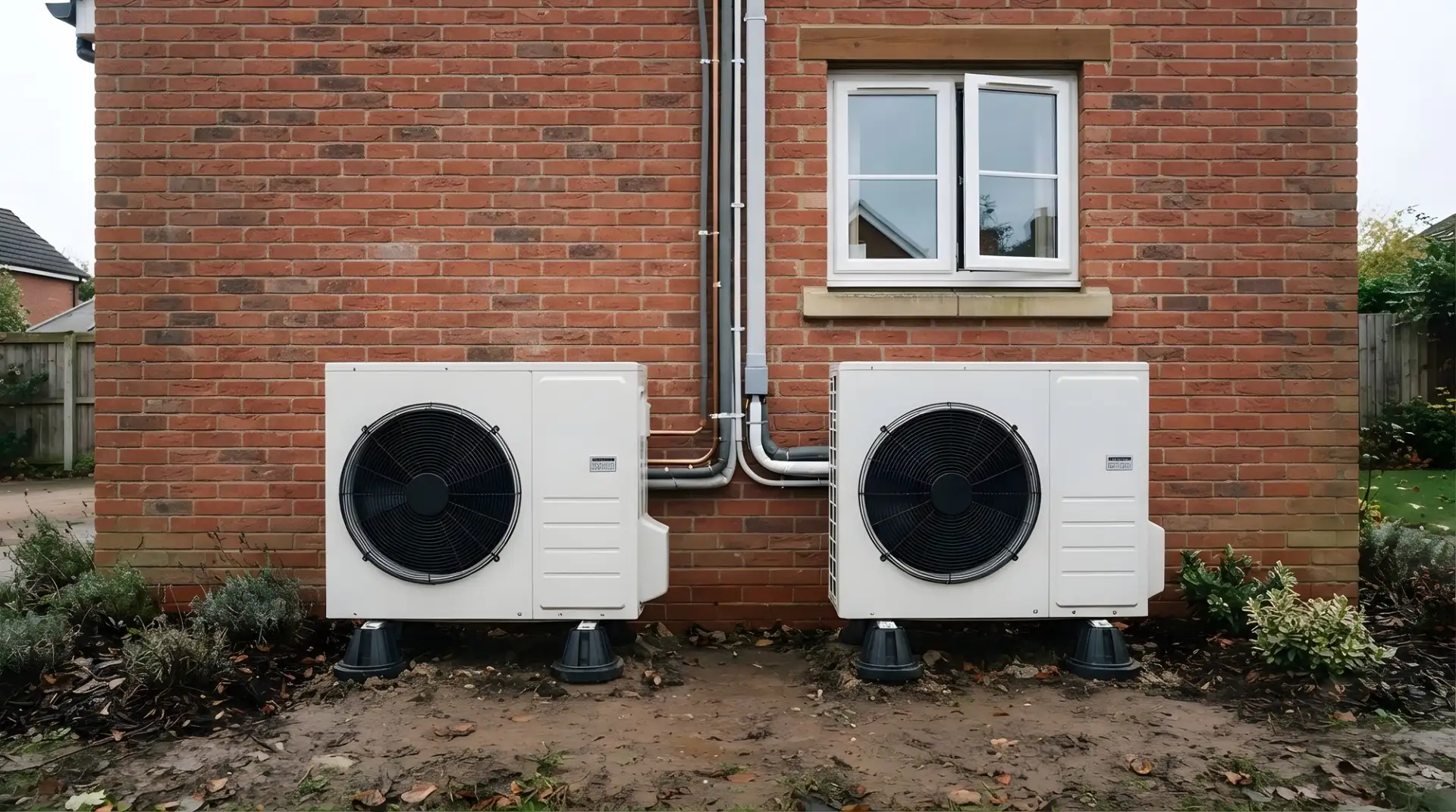 Two air source heat pump units installed against the brick wall of a house